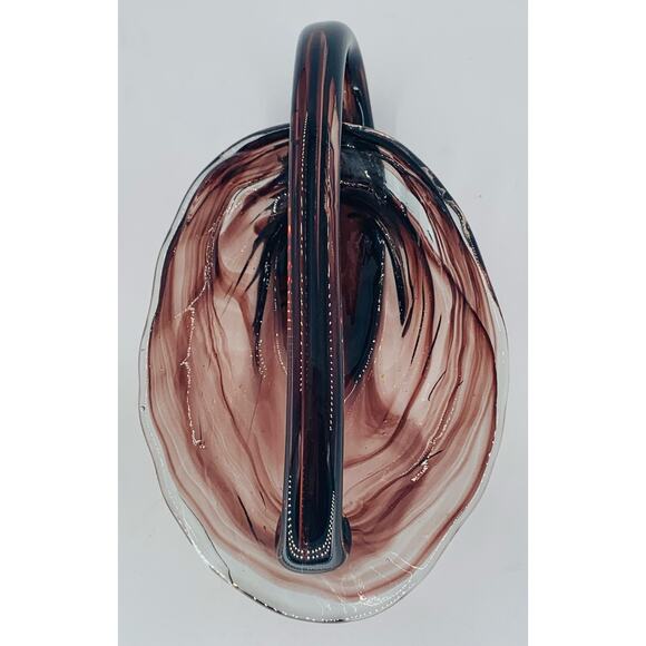 Murano Style Art Glass Candy Basket Dish Brown Clear Handle Hand Blown Collect - Picture 5 of 8